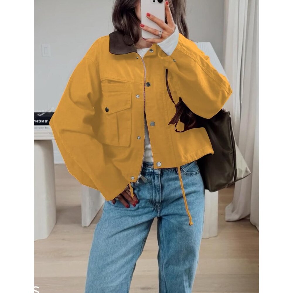 Women's Yellow Cropped Contrast Collar Utility Coat Cargo Jacket Imported - Picture 5 of 6